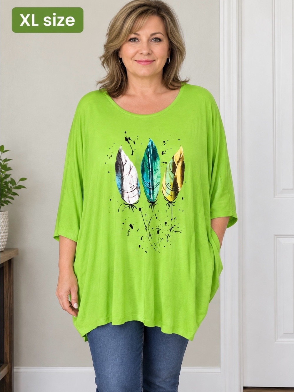 NWT Made in Italy Sz 14-16 Green Metal graphic tunic oversize Women's top viscou